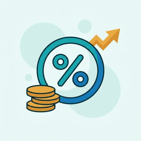A rising stack of coins beside a percentage badge, representing tax credit points