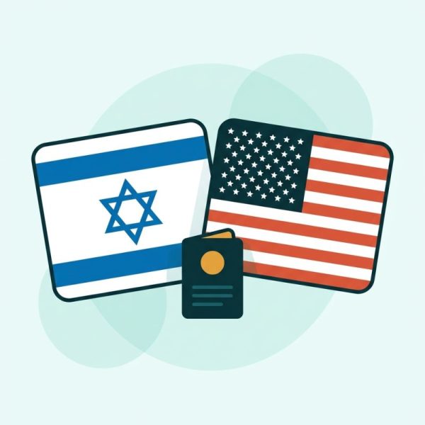 The U.S. and Israeli flags, with a bag of dollars held between them